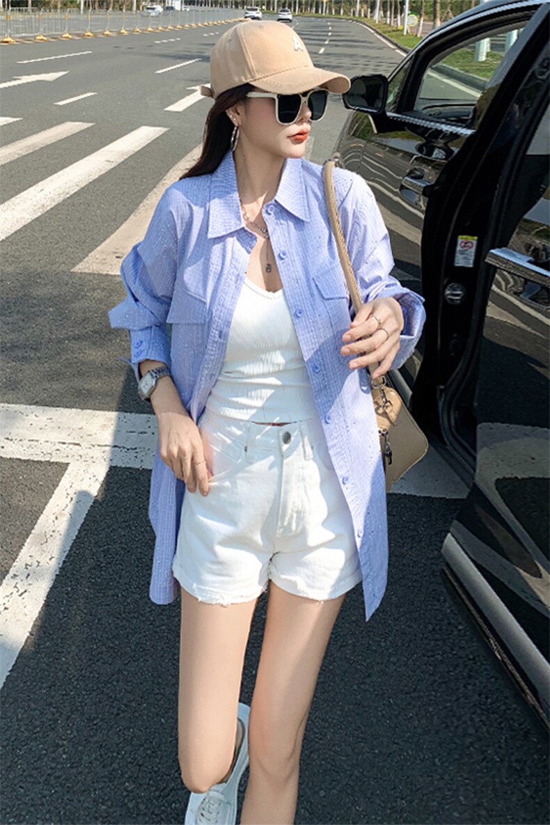 女春季新款时尚运动休闲百搭单排扣宽松显瘦蓝色洋气中长款衬衣潮,女装衬衫,2C310