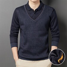 2023秋冬新款加绒假两件针织衫休闲翻领毛衫套头毛衣男DDD165-P80，男装针织衫/毛衣，电商B212（原钱塘6029）