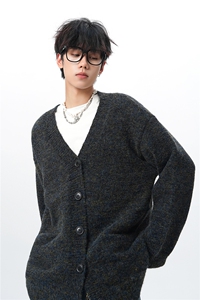 幻彩马海毛V领开衫毛衣男春秋美式复古宽松慵懒风针织衫休闲外套图片