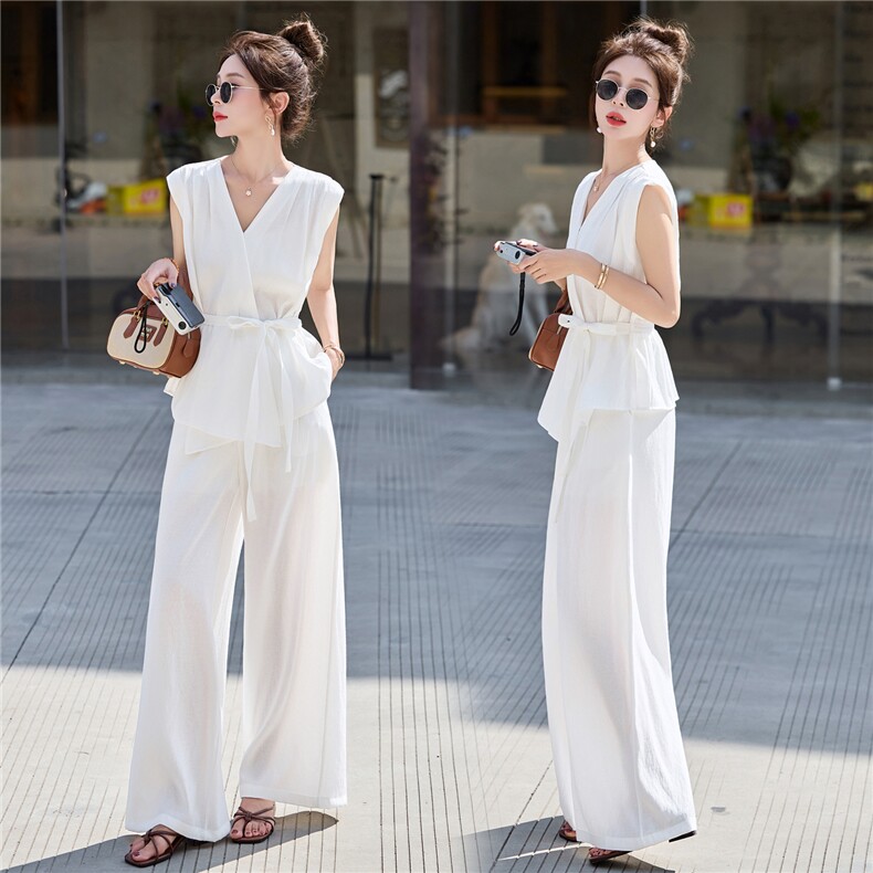2025夏新款修身系带上衣+休闲阔腿裤，女装套装/套裙，瑶迪依秀