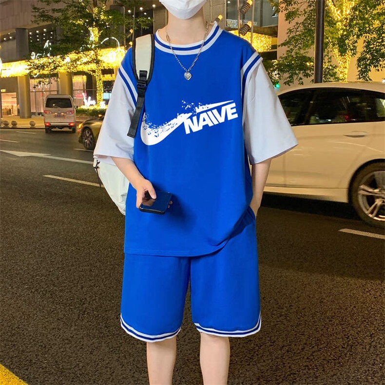 夏季短袖T恤套装青少年纯棉吸汗男休闲两件套男装TZ391P60控89,男装休闲套装,电商A086