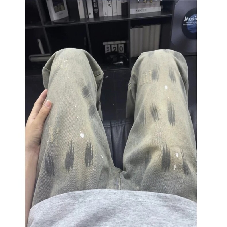 美式喷墨牛仔裤男秋季cleanfit弯刀裤子直筒阔腿长裤LB6277P48,男装牛仔裤,星座1008