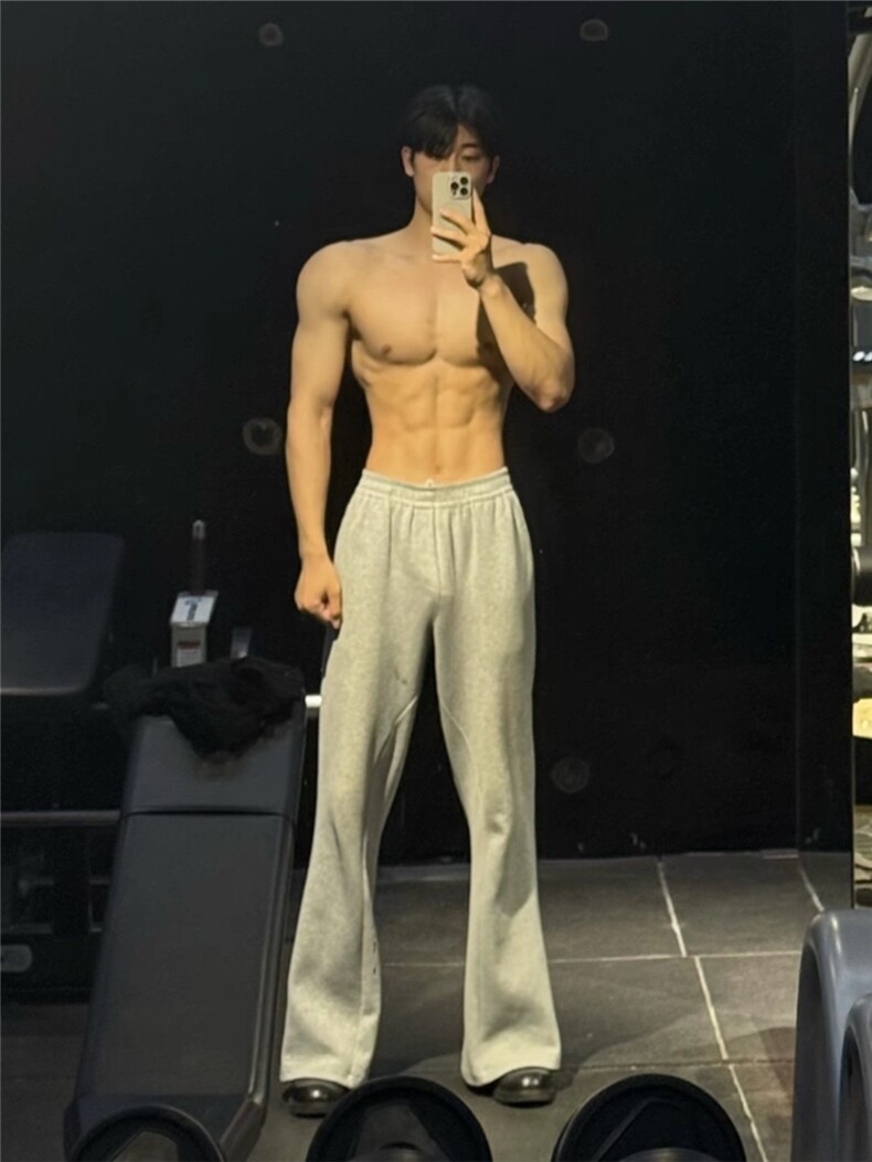 灰色健身运动微喇卫裤男秋季美式弯刀裤子cleanfit休闲直筒阔腿裤,男装休闲裤,星座1008