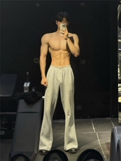灰色健身运动微喇卫裤男秋季美式弯刀裤子cleanfit休闲直筒阔腿裤，男装休闲裤，星座1008