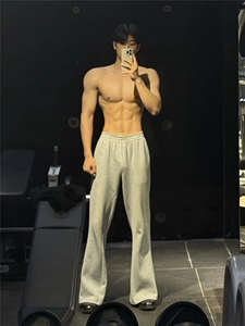 灰色健身运动微喇卫裤男秋季美式弯刀裤子cleanfit休闲直筒阔腿裤图片