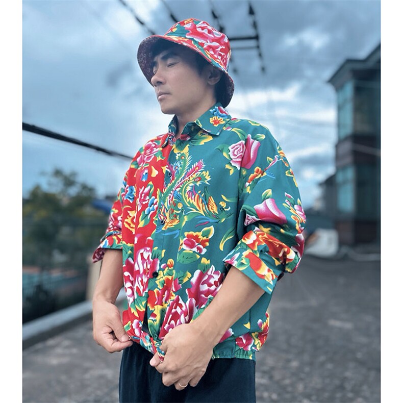 PC203长袖拼接东北大花风民族牡丹大花撞色AB版衬衫团队表演，男装民族服装，星座115A-2