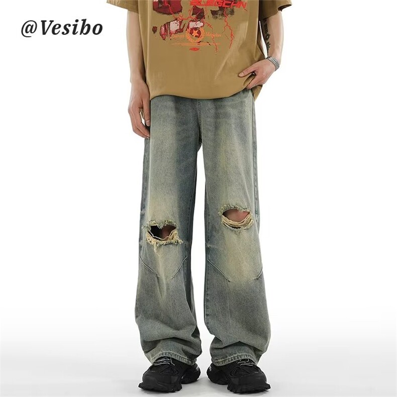 REBELOASIS美式水洗做旧vibe裤子男夏季宽松复古休闲破洞牛仔裤，男装牛仔裤，星座715-4