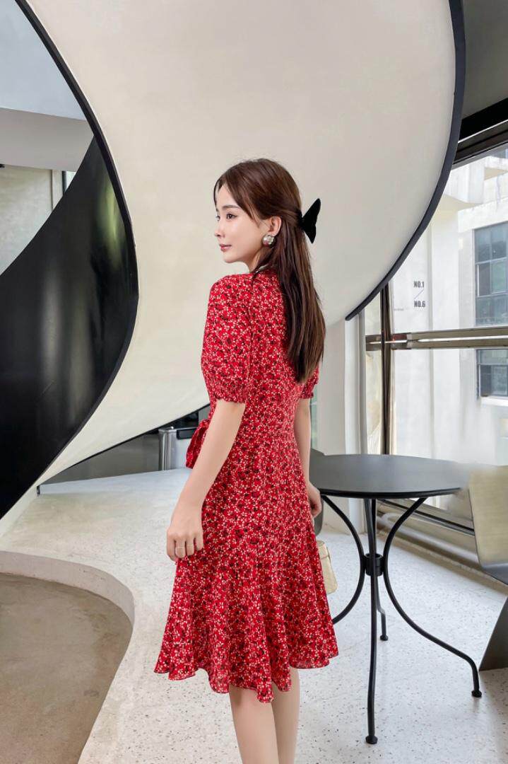 夏季碎花连衣裙，女装连衣裙，吉之红