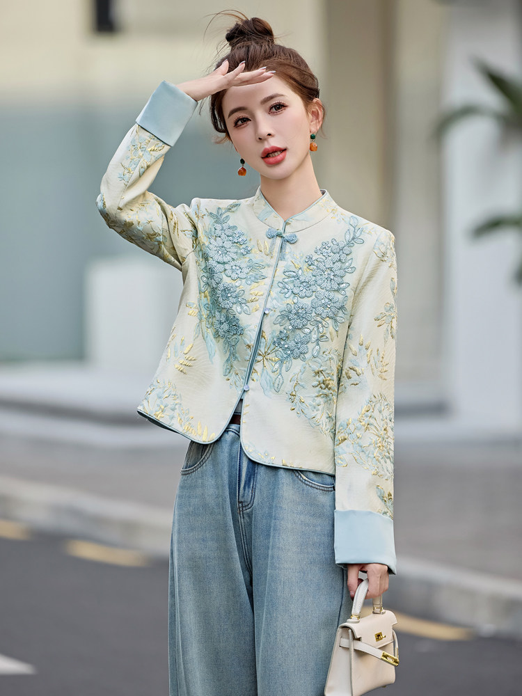 水衣源2706款新中式蕾丝拼接立体印花提花短款洋气外套女,女装短外套,水衣源