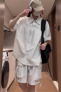 新款衬衫宽松休闲男士夏季上衣短裤痞帅短袖衬衣套装薄款TZ07/P70图片