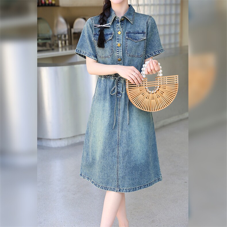 现货跑量收腰牛仔连衣裙女2024年夏季小个子高腰a字长裙子潮,女装连衣裙,江南女神