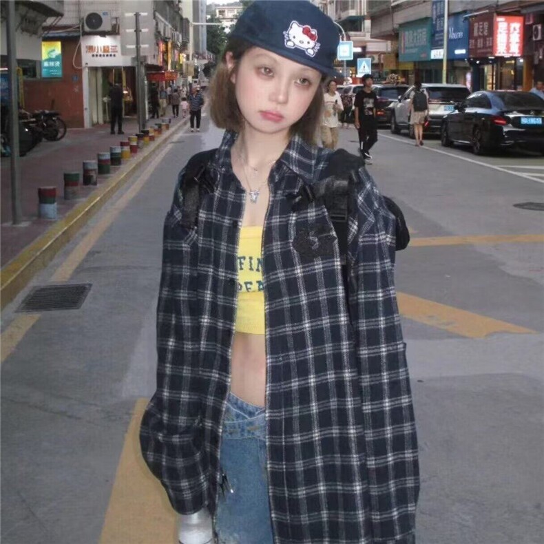 美式复古格子衬衫男女情侣春秋季新款宽松长袖衬衣情侣格纹外套,男装衬衫,星座506A