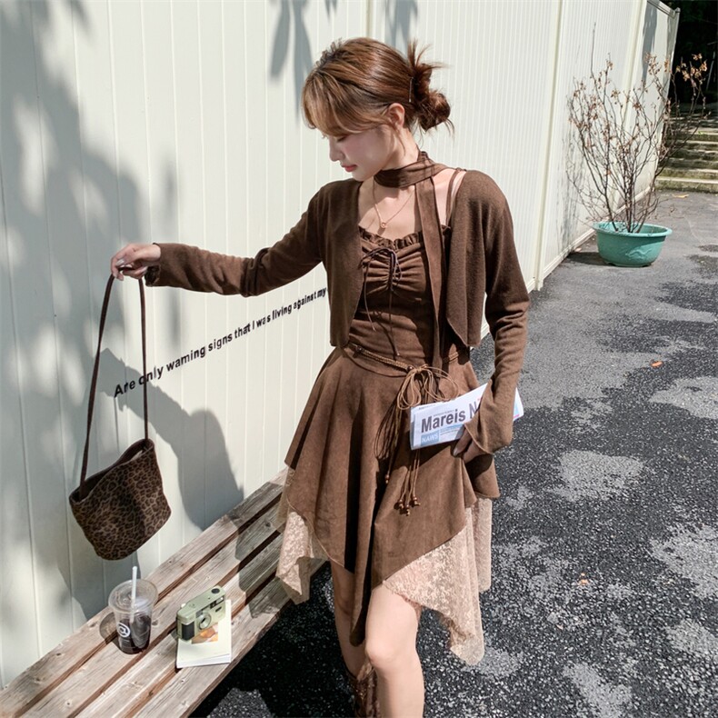 美拉德穿搭2025秋季新款吊带裙开衫两件套女辣妹废土风连衣裙套装,女装套装/套裙,2C267