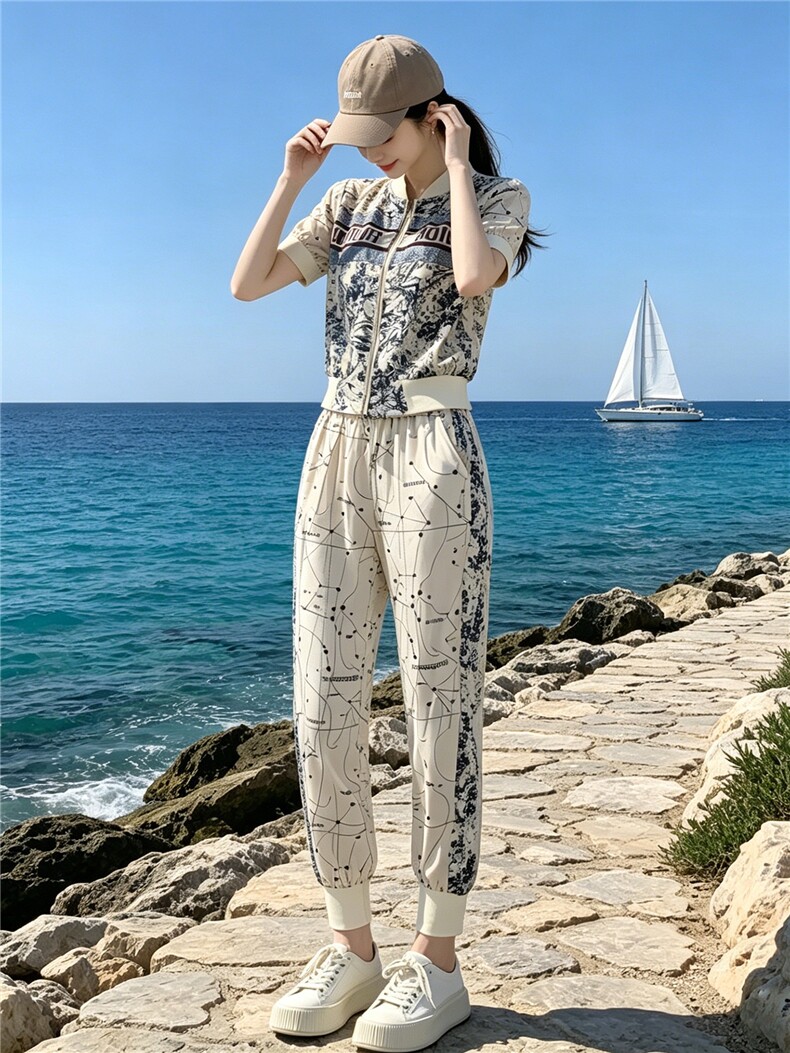 休闲运动套装女夏季新款韩版显瘦拉链开衫短袖卫衣束脚卫裤两件套,女装套装/套裙,江南