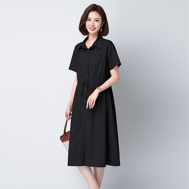 高档纯棉衬衫连衣裙女中长款2025夏新款系带收腰休闲气质减龄裙子,女装连衣裙,秋牧寒烟