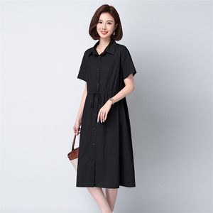 高档纯棉衬衫连衣裙女中长款2025夏新款系带收腰休闲气质减龄裙子图片