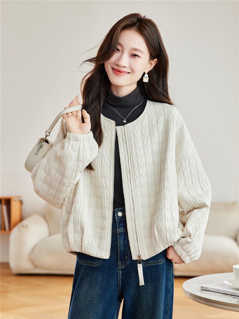 2026年春季宽松圆领方格夹棉短外套上衣,女装棉衣/棉服,简韵佳
