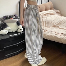 美式复古星星挂饰格子弯刀休闲裤女夏季设计感宽松显瘦阔腿拖地裤，男装休闲裤，四季星座505