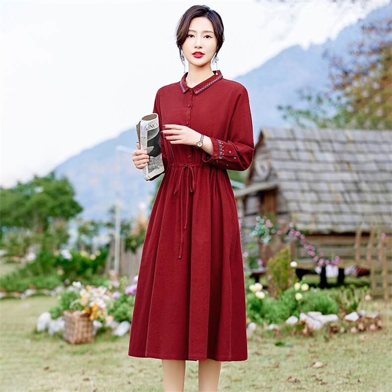 春季高档刺绣纯棉连衣裙女2026新款小翻领气质收腰显瘦长袖裙子,女装连衣裙,倪叶myz