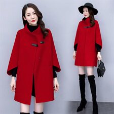 2020冬季新款时尚蝙蝠袖毛呢外套显瘦气质红色大衣，女装毛呢外套，韩宇舍