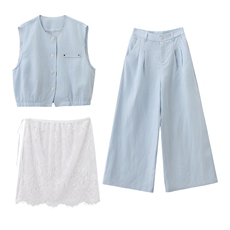 现货轻熟风气质套装女2026夏季麻料薄款西装马甲上衣阔腿裤两件套，女装套装/套裙，艾仟回(原伊仟回)