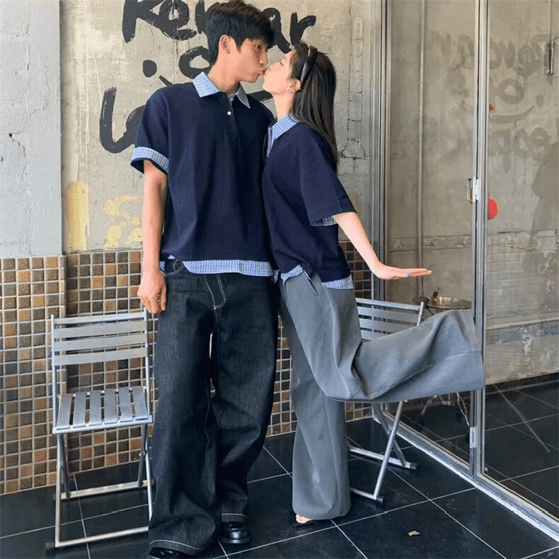 得物抖音高品质二开夏季美式潮牌高街假两件格子衬衣翻领短袖T恤,男装T恤,电商A486