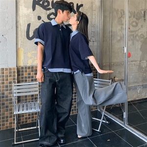 得物抖音高品质二开夏季美式潮牌高街假两件格子衬衣翻领短袖T恤