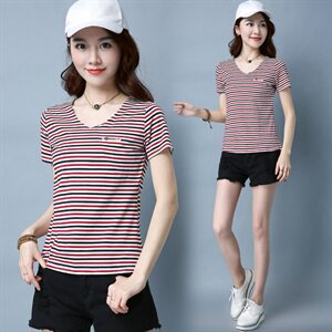 经典2025年夏季短袖常规修身拼接圆领粗横条纹T恤,女装T恤,板酷