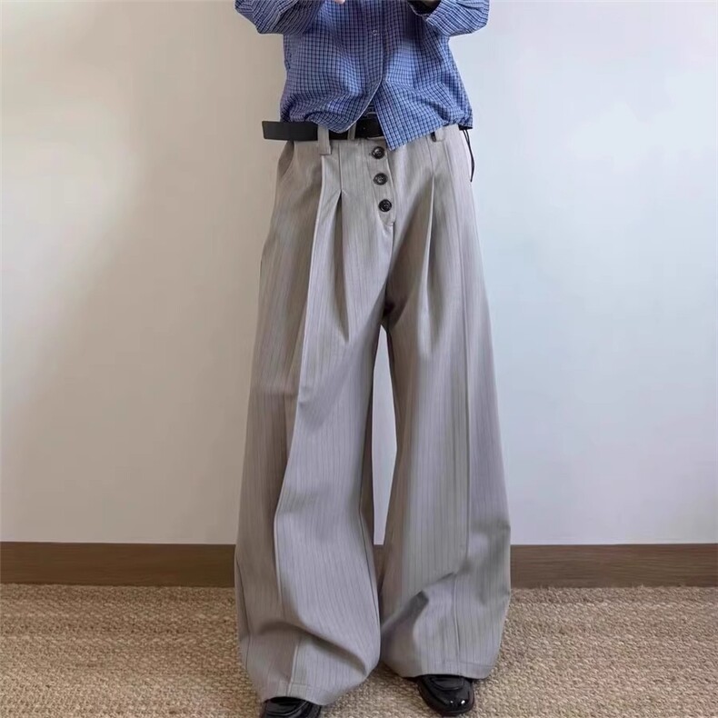 IWTFF条纹排扣西裤TR混纺垂感休闲裤春秋cleanfit直筒阔腿A字长裤图片