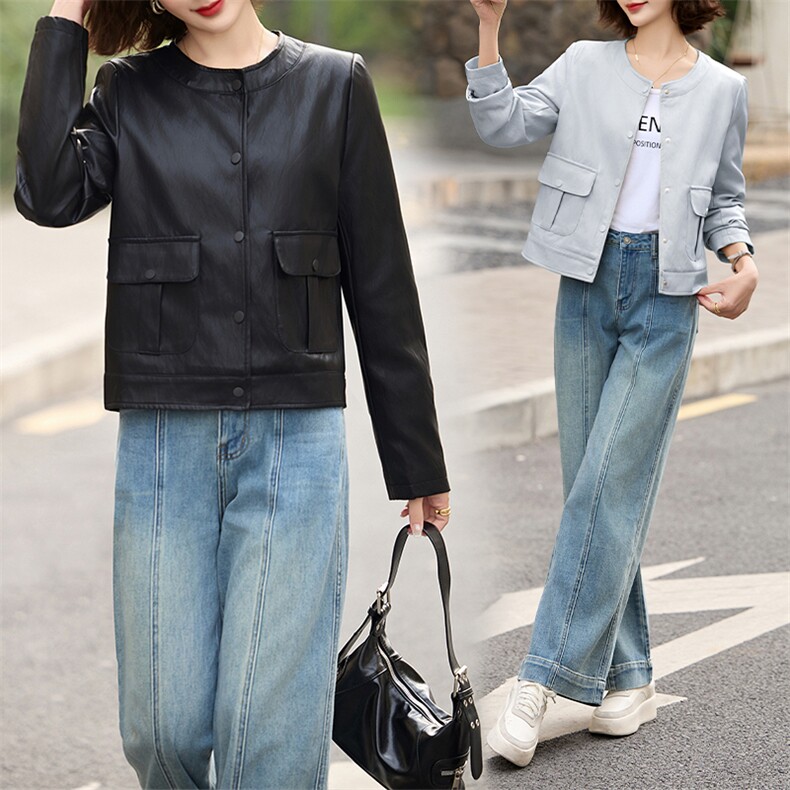 2025春秋季新款高级感质感长袖短款圆领pu皮衣夹克欧美时尚外套女，女装皮衣，跑量工厂店