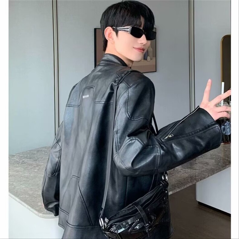 小众高级感立领机车皮衣男宽松短款垫肩夹克外套JKA18,男装夹克,星座1116A-1（原606A）