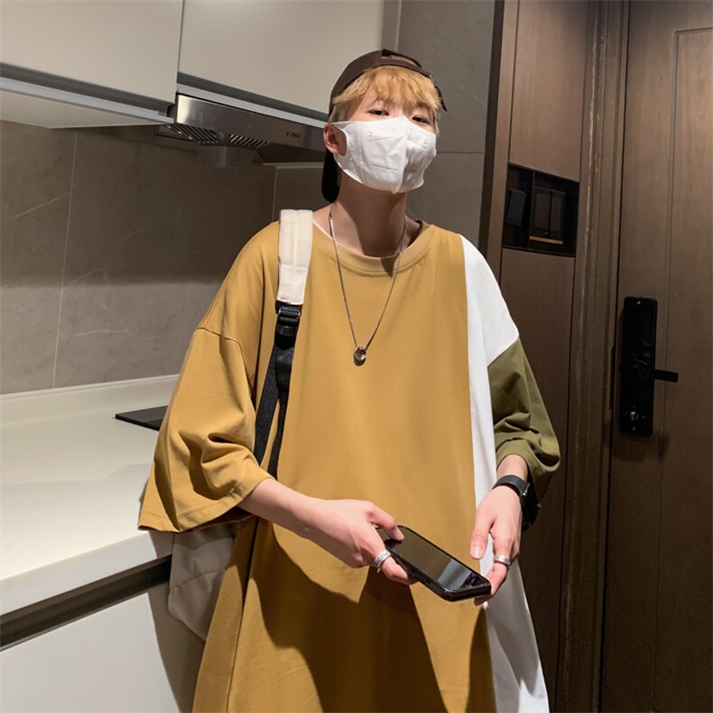 日系潮牌撞色拼接圆领短袖T恤男夏季新款百搭宽松运动半袖上衣,男装T恤,星座1013
