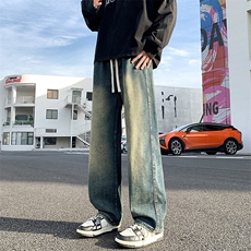 牛仔裤男松紧腰裤子宽松复古高街直筒长裤TS116P45，男装牛仔裤，电商D325