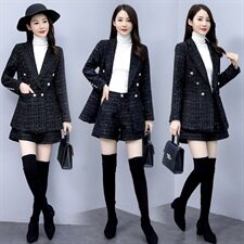 清仓春秋新款女装时髦格子毛呢小西装外套百搭短裤呢子，女装职业装，韩美纤衣