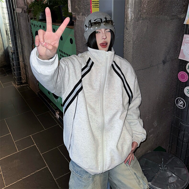 抖音得物高品质二开25秋冬美式重磅结构织带撞色立领卫衣外套W70,男装卫衣,电商A486