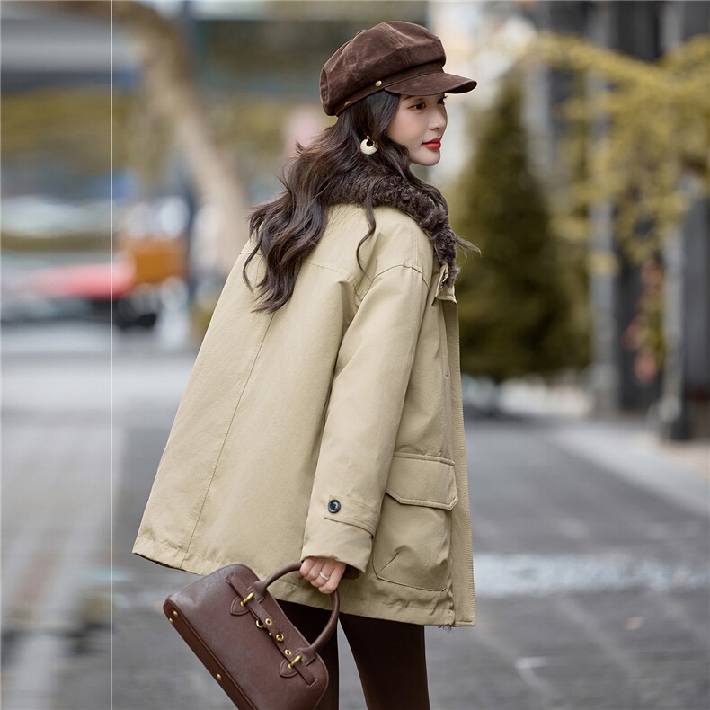 羊羔毛大翻领派克服女2025年冬季白鸭绒加厚保暖外套,女装派克服,贝蕾酷儿