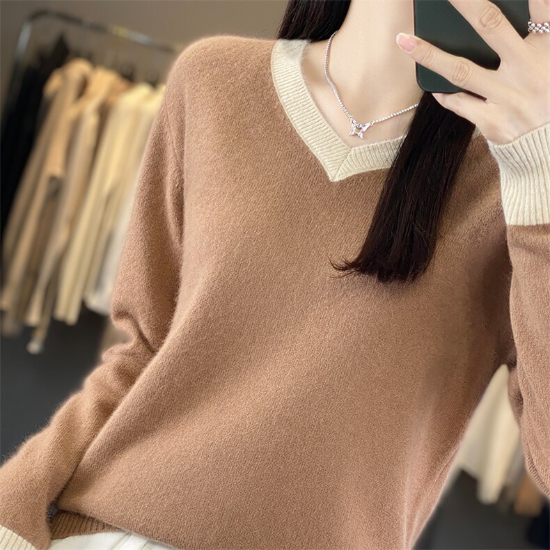 秋冬新款V领女拼色宽松套头韩版毛衣针织衫针织打底衫,女装羊毛衫,犀桦羊绒