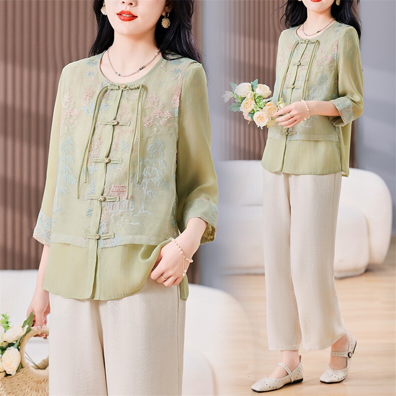 新中式套装女夏2024新款中年妈妈洋气今年流行的民族风时尚两件套，女装套装/套裙，千千佰惠