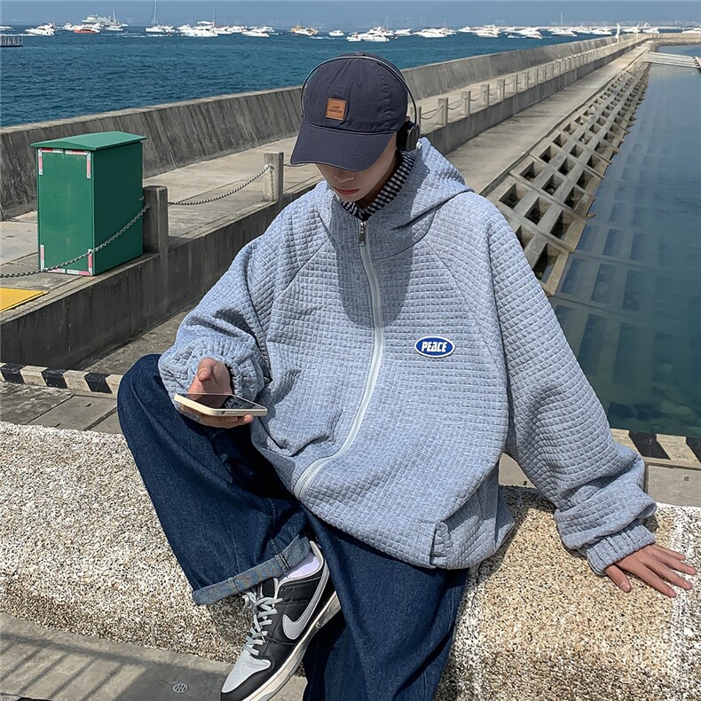 春季新款纹理感长袖夹克宽松大码百搭风华夫格夹克-JK212-P65,男装夹克,电商A020