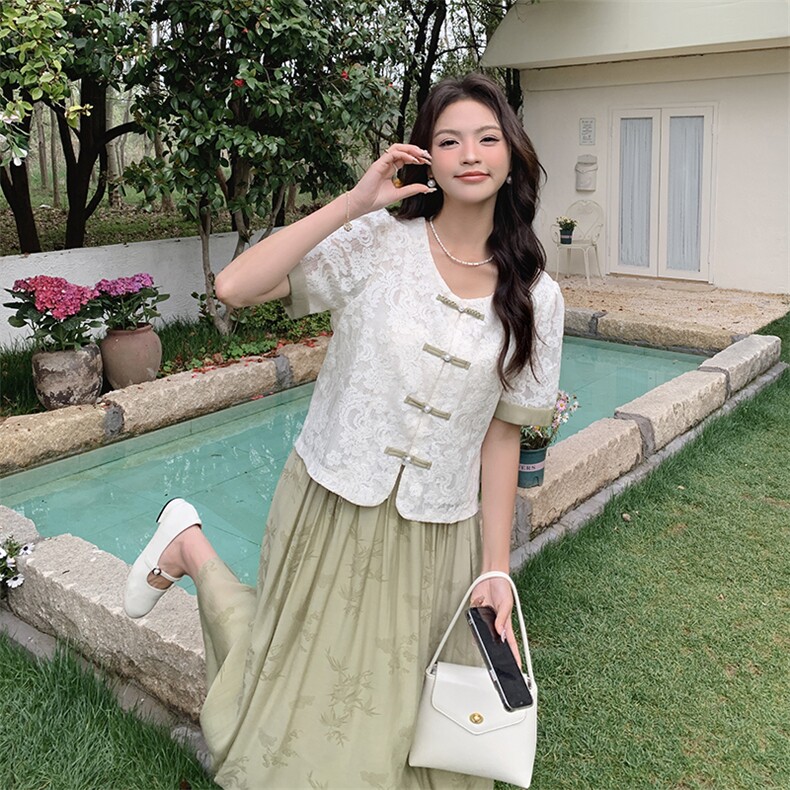 夏季新款蕾丝上衣新中式两件套优雅显瘦套装,女装套装/套裙,帛锦泉