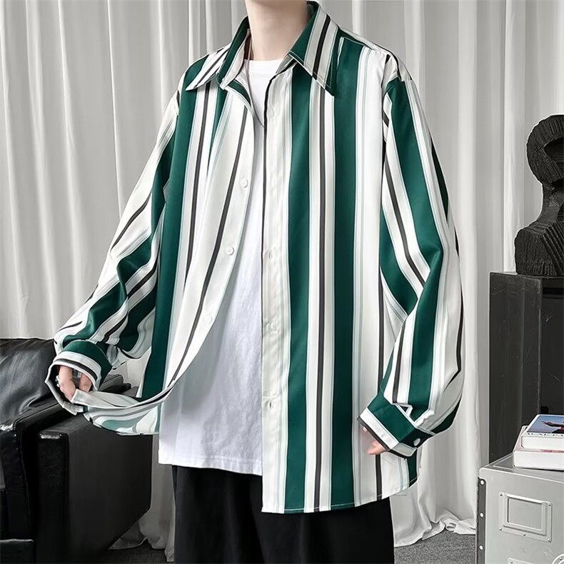 日系潮牌条纹衬衫外套男宽松潮流休闲长袖衬衣W3381-P36,男装衬衫,星座512-2