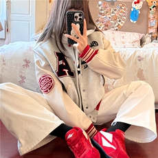 1506/QJK5400/P77加厚夹棉毛呢拼接PU皮重磅美式刺绣棒球服，女装职业装，星座1506