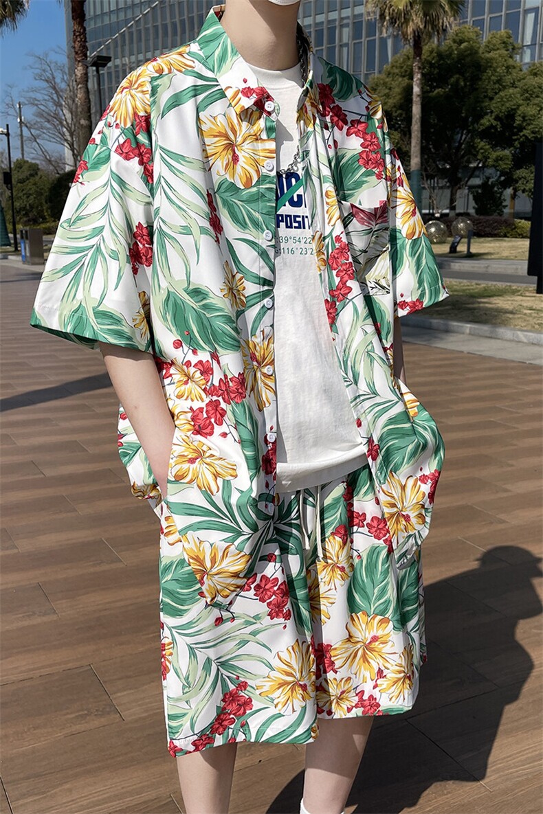 夏日大码套装宽松花衬衫男短袖痞帅休闲上衣两件套衣25裤20/TP45,男装衬衫,电商A012