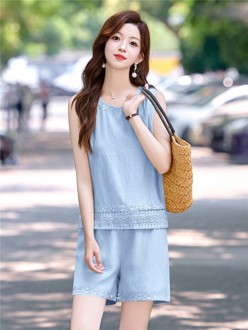 亚麻套装女2025夏新款巨好看的休闲减龄老钱风无袖短裤穿搭两件套,女装套装/套裙,韩美纤衣