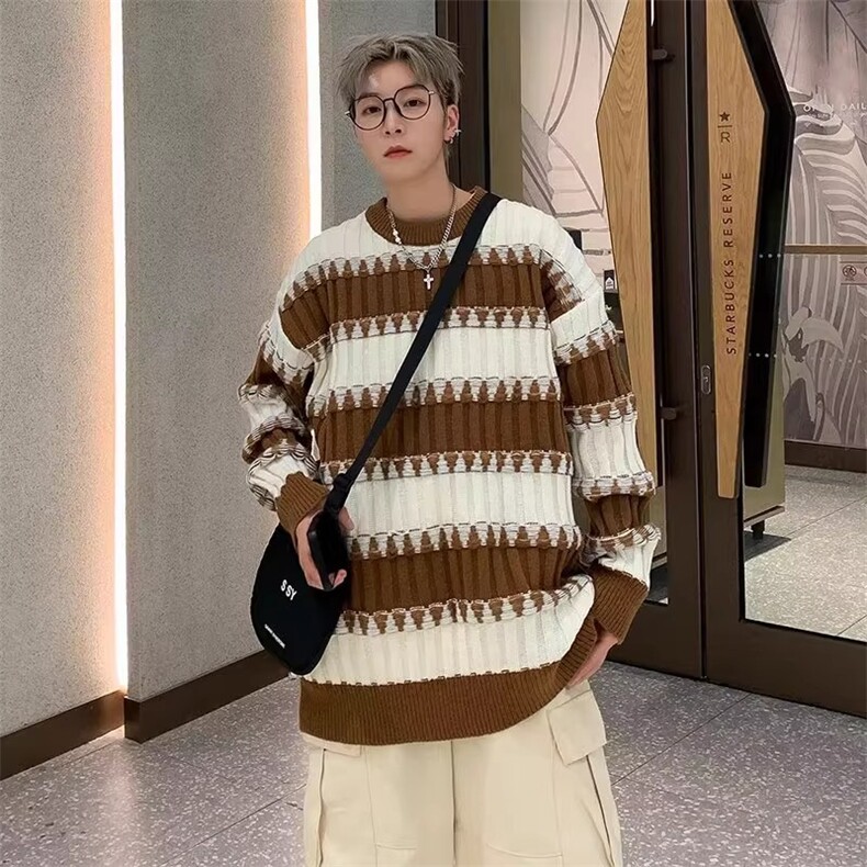 撞色条纹毛衣男女秋冬季潮牌宽松设计感圆领针织衫慵懒风情侣外套,男装针织衫/毛衣,星座506A