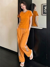 女夏季新款时尚休闲运动套装圆领短袖上衣竖纹拼接阔腿长裤两件套，女装套装/套裙，江南