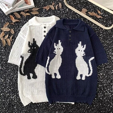 美式老钱趣味猫猫图案短袖针织衫无品牌新款慵懒简约文艺ins潮流，男装Polo衫，星座601-1