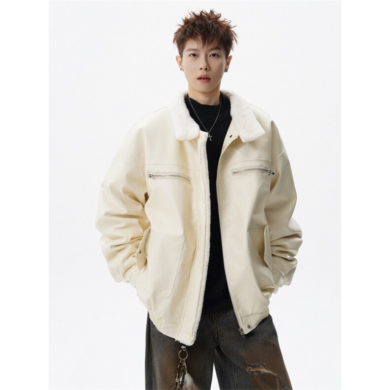 1506/QF11130/P96兔毛拼接PU皮翻领棉衣外套男冬季美式潮牌宽松，男装棉衣，星座1506