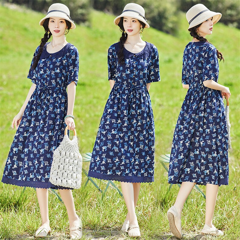 2023夏装新款时尚修身棉麻连衣裙文艺清新优雅女裙收腰过膝,女装连衣裙,铭街依杨
