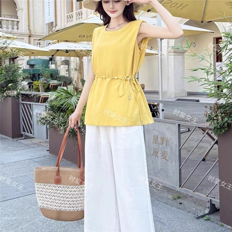 夏季新款韩系圆领系带无袖衬衫+阔腿裤两件套女显瘦时尚套装,针织衫/毛衣,雅鹿